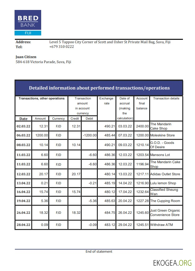 Relevé de la Fidji Bred Bank xls
